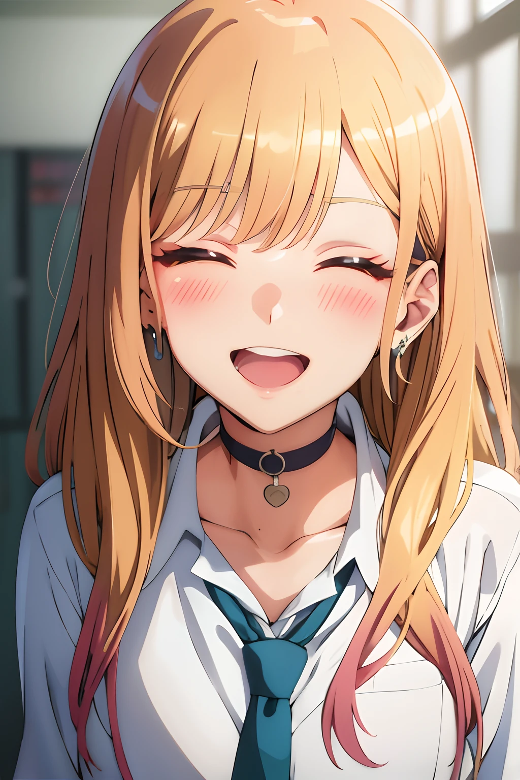Anime girl with long blonde hair and blue tie in a white shirt, anime visual of a cute girl, blonde anime girl with long hair, cheerful grin, menina bonita do anime high school, anime visual of a young woman, extremely cute anime face, anime best girl,  from the anime called Lucy, cunning smile, anime portrait of shiina ringo