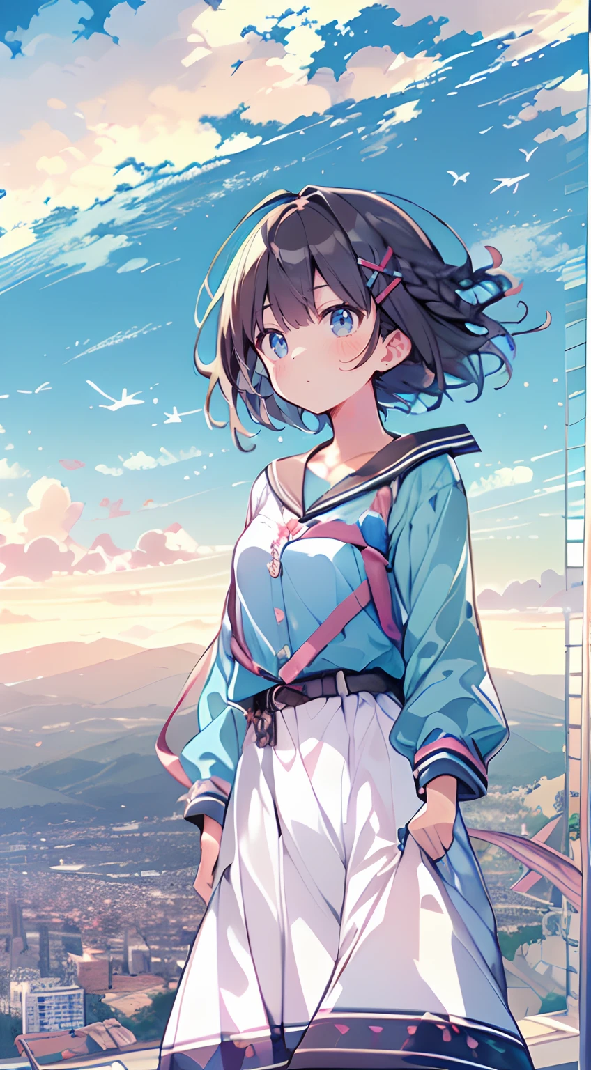 masutepiece, Best Quality,Illustration, Wallpaper, Ultra Detail, Absurd beauty, 1、(Medium short hair、short braided hair), Beautiful ultra-detailed eyes , Hair fluttering in the wind、X)))、♡、Smaller head、Beautiful sky、(a panoramic view:1.5)