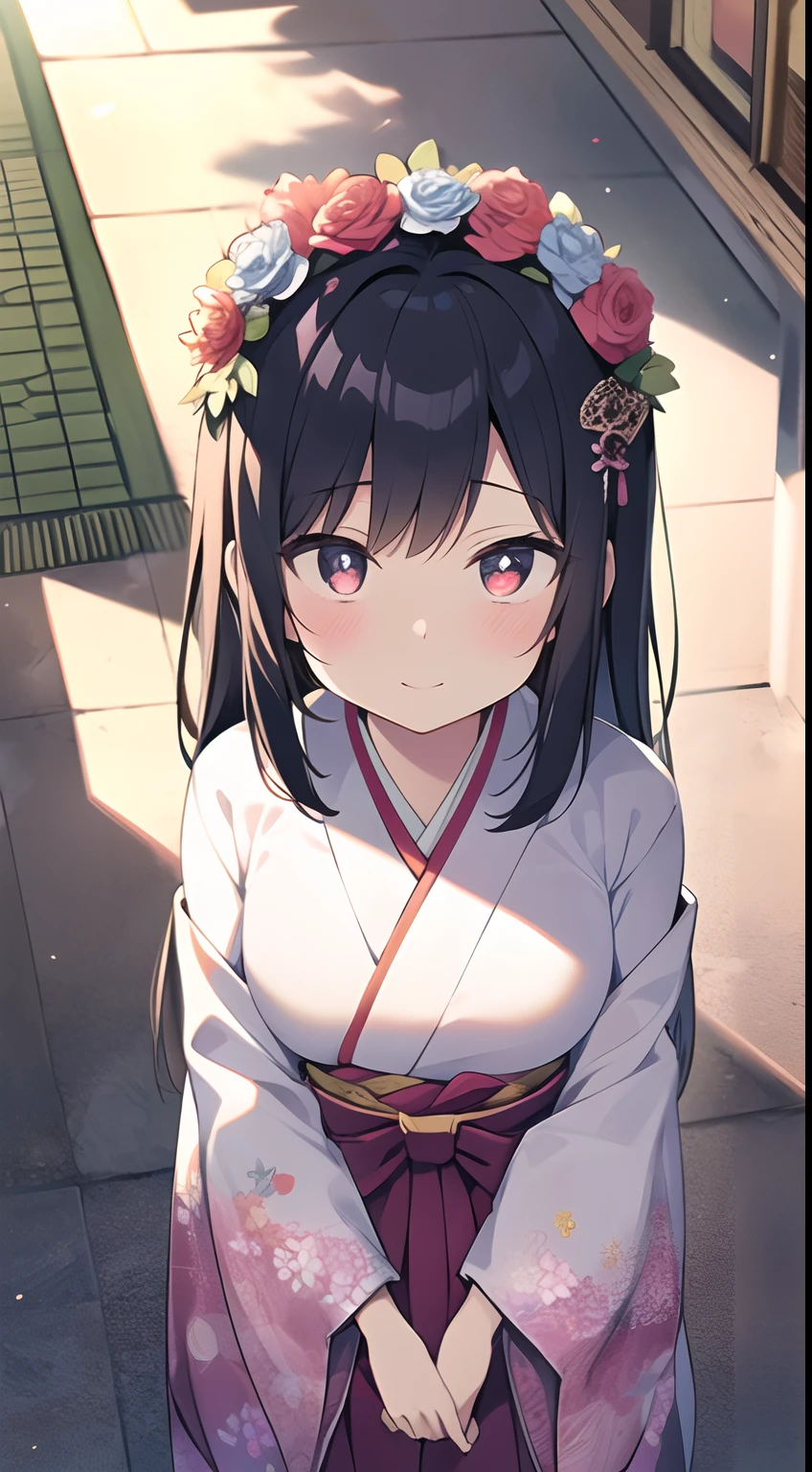 언니 아우라, 분리된 슬리브, 기혼, 일본인 신부, 혼례, wedding 또한 skirt, yamato nadeshiko, 여자 1명, 홀로, 집 밖의, 귀여운 일본 모델 소녀, 아주 긴 머리, 꽃 무늬, 웨딩 머리 장식, 결혼식 기모노, 또한, 앞머리, (걸작, 최고의 품질, HD 사진, 4K:1.4), 온화한 표정, 부드러운 미소, 부드러운 눈, 성숙해 보이는, 분홍빛이 도는 뺨, 아주 디테일한 눈, 매우 상세한 학생들, 매우 상세한 머리카락, 후리소데, 꽃 머리 액세서리, 전면 POV에서, 상세한 얼굴, 전신, 뷰어 조회,