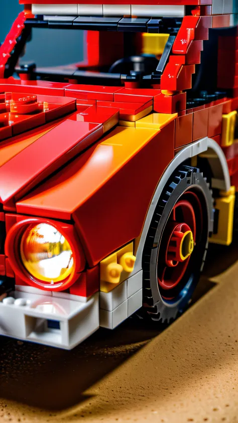 Foto RAW, Uma foto abstrata de um carro vermelho em um fundo abstrato feito de Legos, Lego Pieces, carrinho de lego, (altamente detalhada: 1.2), 8k UHD, DSLR, soft-lighting, alta qualidade, grain of film, Fujifilm XT3