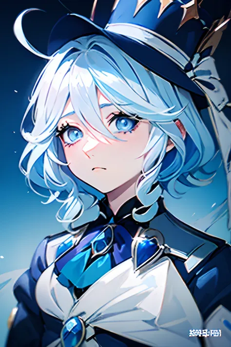 Anime girl with white hair in blue hat and blue coat, freezing blue skin, with blue skin, bluish face, highly detailed exquisite...