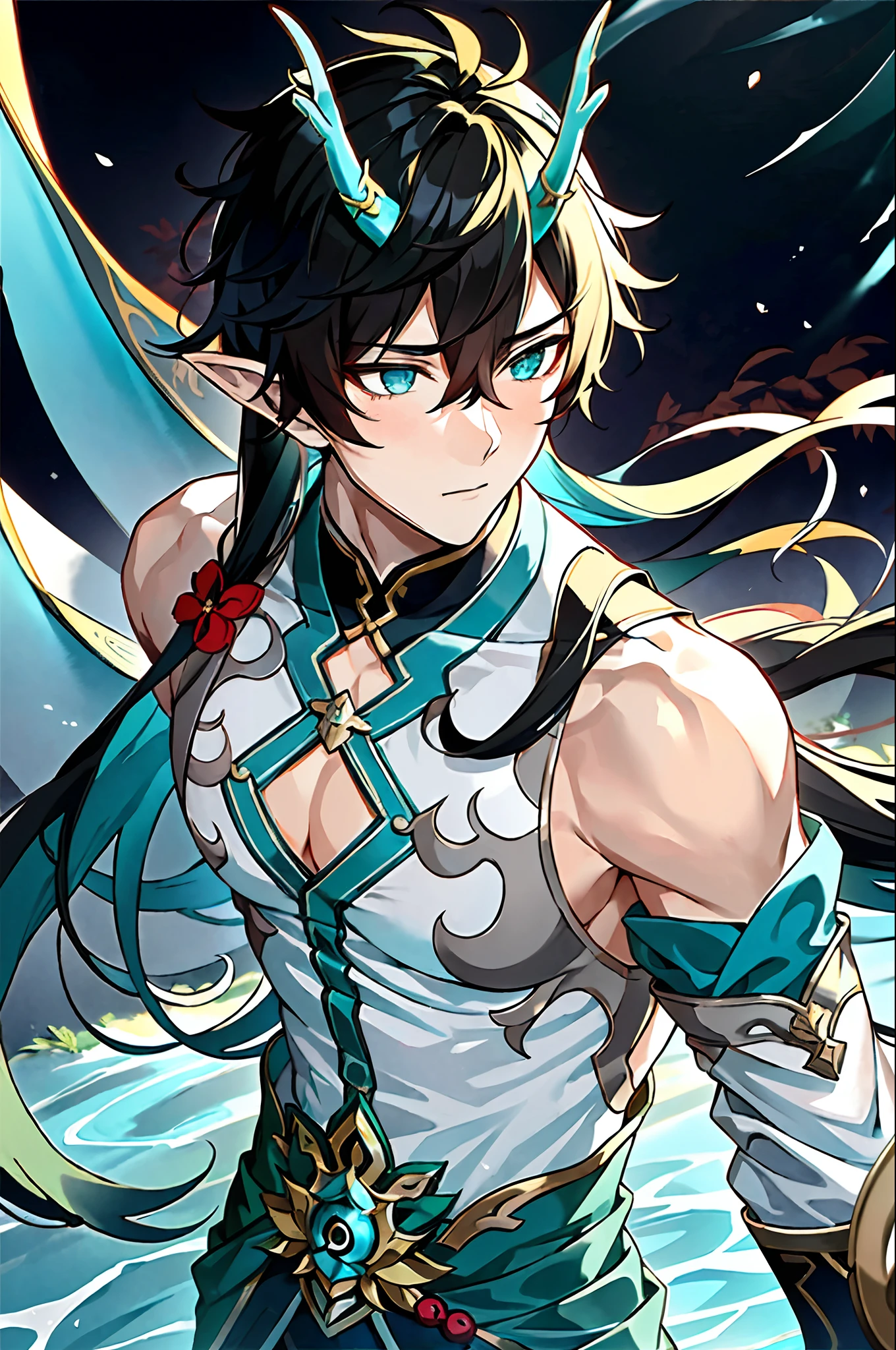 Yinyuejun\(Character\),dragon1\(Features\),Blurred background,the woods,Backlight,River,spray,One-handed up,Floating on the surface of the water,The vast starry sky,the woods,abdominals、pectoral muscles、One muscular boy、独奏