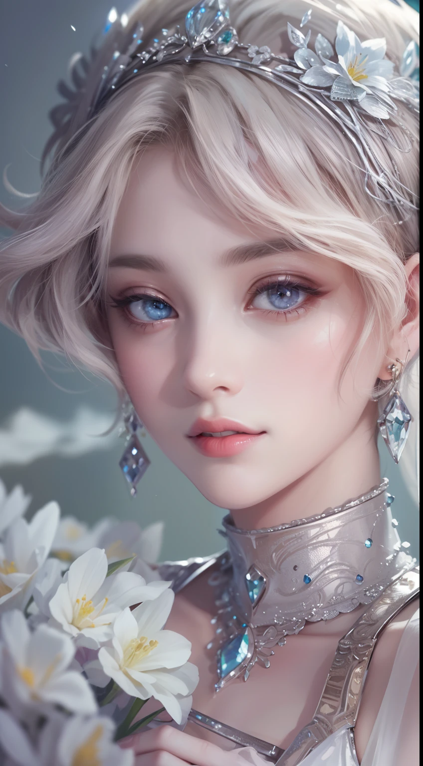 tmasterpiece, Highest high resolution，High-quality content, 8K quality photos with excellent detail, Perfect for presenting dynamic busts of noble maidens, Delicate curves, Bend hair to create gorgeous and intricate fabric textures, Plain purple eyes, Delicate floral decoration, Sparkling crystal jewelry, Highly focused and subtle details。