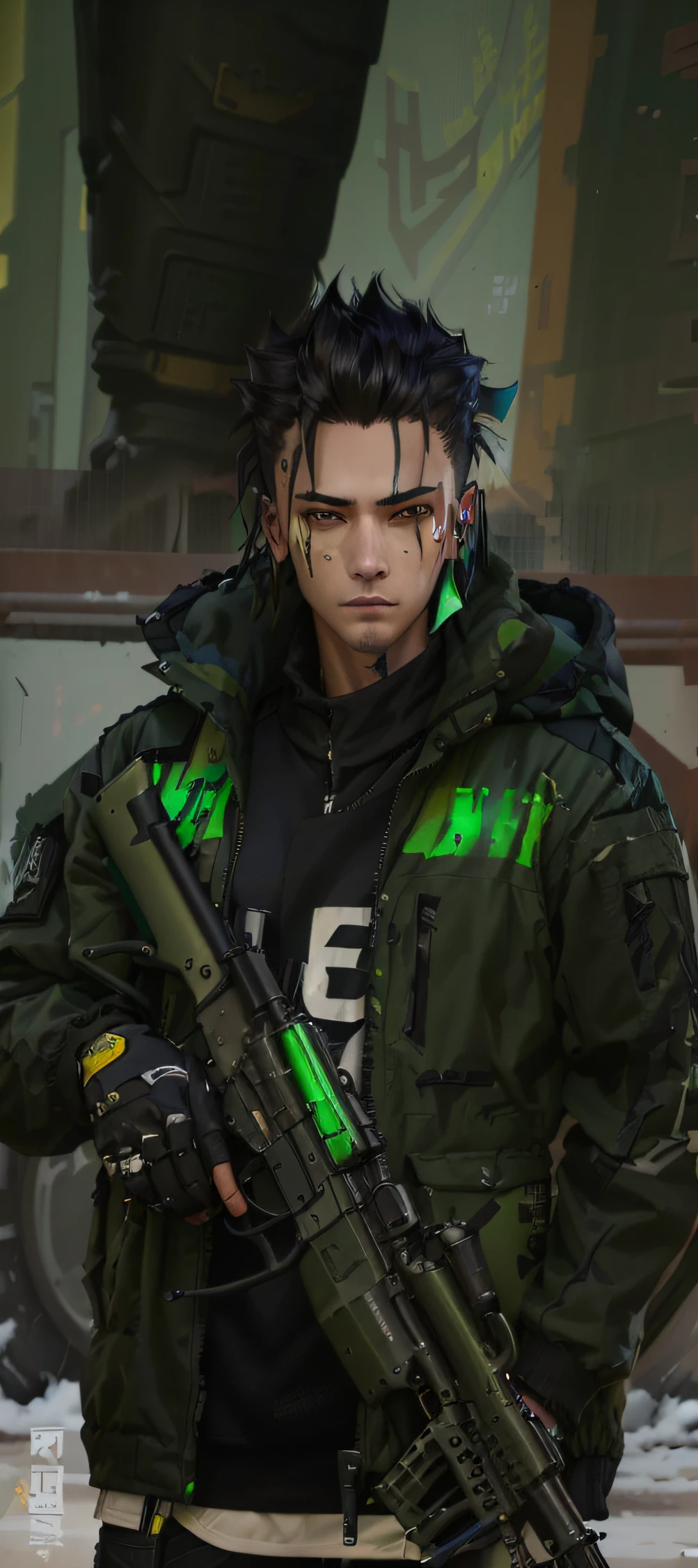 one man, arafed man in a green jacket holding a gun and a green jacket, cyberpunk street goon, character close up, in game, close up character, character close-up, mechanic punk outfit, male character, an edgy teen assassin, m4 sopmod ii girls frontline, inspired by Jang Seung-eop, with very highly detailed face and hair
