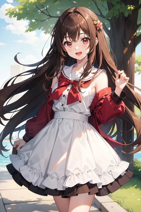 a beauty girl，red eyes、light brown hair，The long-haired、Hair fluttering in the wind、big eye，A slender，Manga style，fulcolor，hi-school girl，lightly dressed、Idol costumes、Open eyes、Wide-eyed and smiling、Laugh with your mouth open very wide
