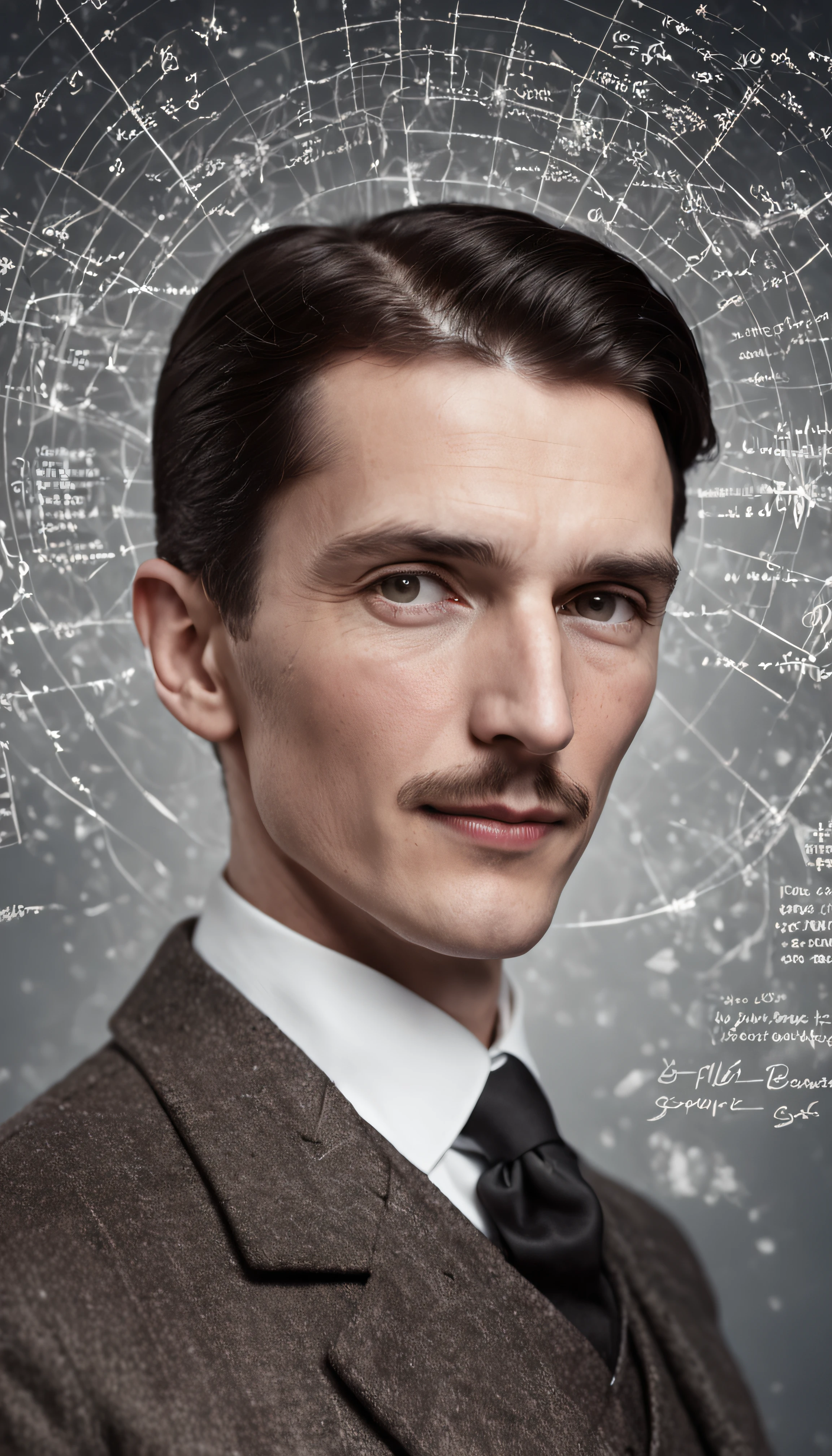 A man, photo portrait (Nikola Tesla), 30 years old, slight smile, dreamy look, surrounded by holograms of mathematical formulas, stars and galaxies in the background, 30s dress, detailed scene, exact anatomy, exact face, dark environment.