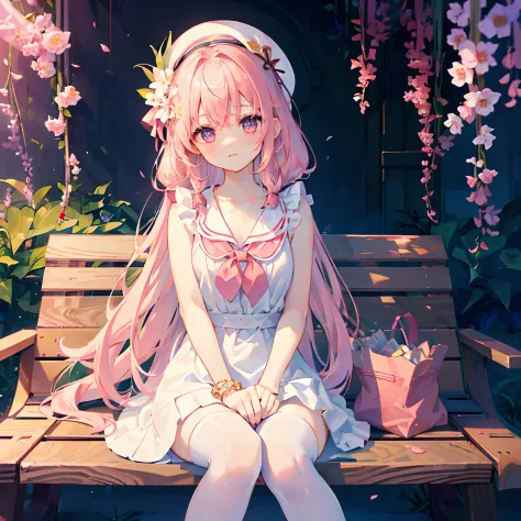 ｛1girll，独奏｝long cherry blossom pink hair，floating long hair，single braid，tie-up hair on one side，red bandage，staggered bangs，whi...