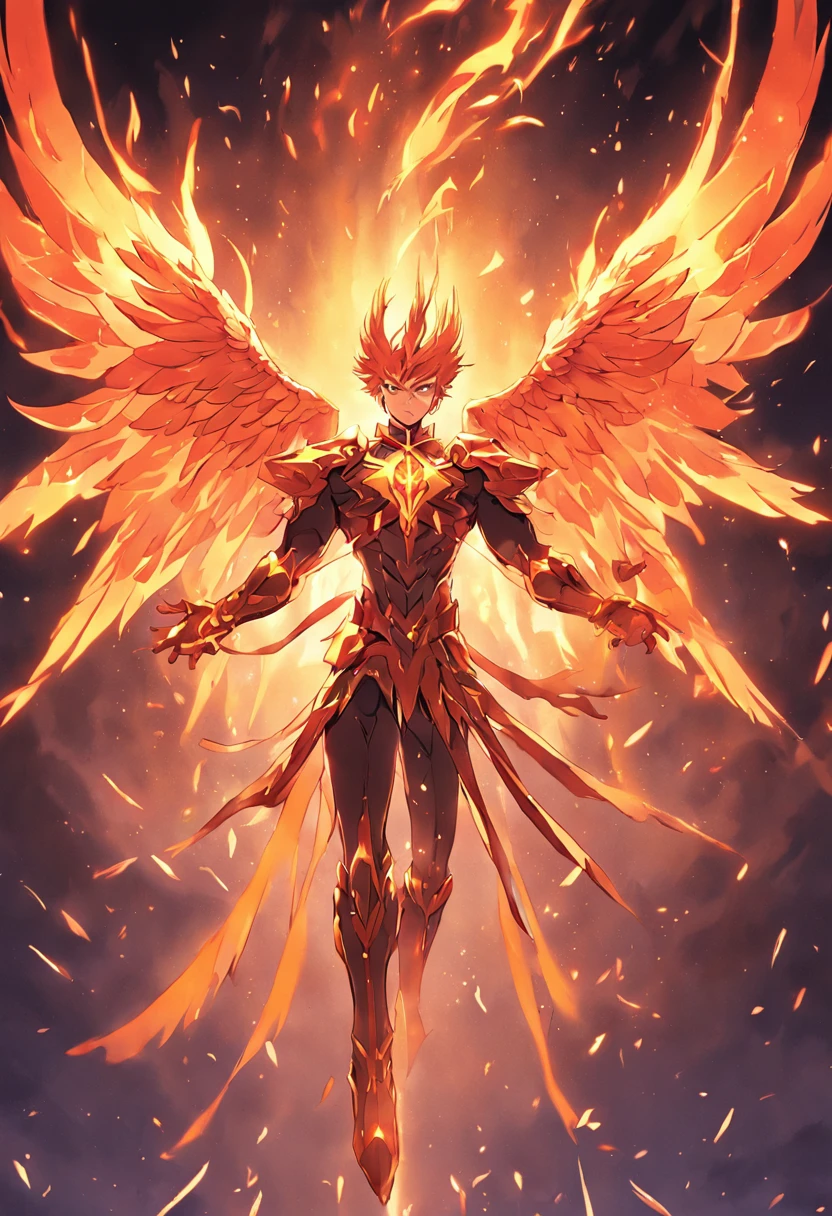 Ikki of Phoenix, 1 homem, Phoenix Knight , Anime Knights of the Zodiac , Anime Saint Seyia, imagem fantasia, Phoenix knight walking engulfed in flames, Phoenix bird behind the knight covering with its wings, Perfect Phoenix Armor