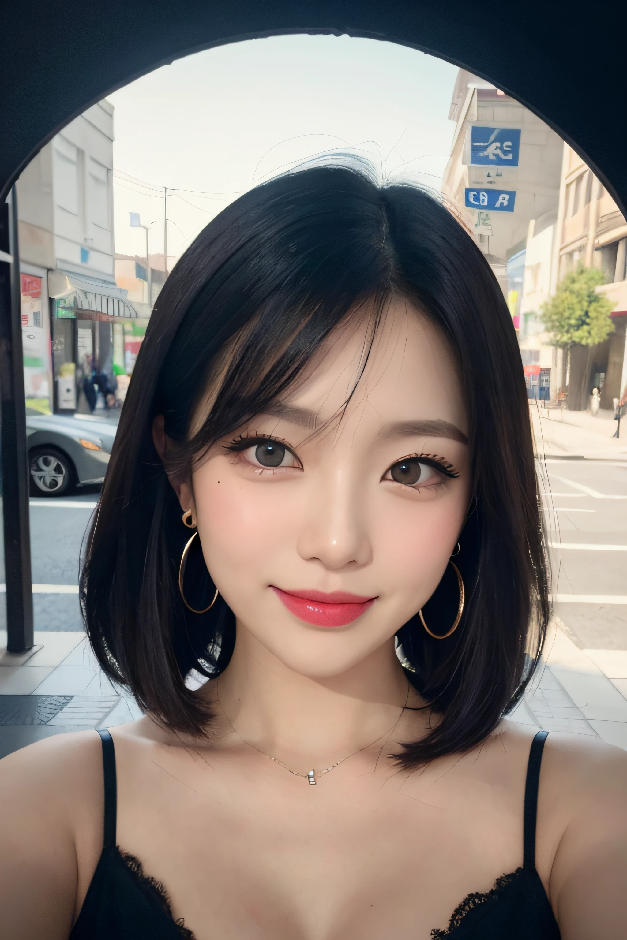 black hair, hair bobbles, longeyelashes, solid circle eyes, light smile, mole under eye, heart earrings, light smile, shy, puckered lips, Surrealism, drop shadow, stereogram, pov, atmospheric perspective, depth of field, first-person view, f/1.8, 8k, super detail, ccurate, best quality, highres, best quality,full body