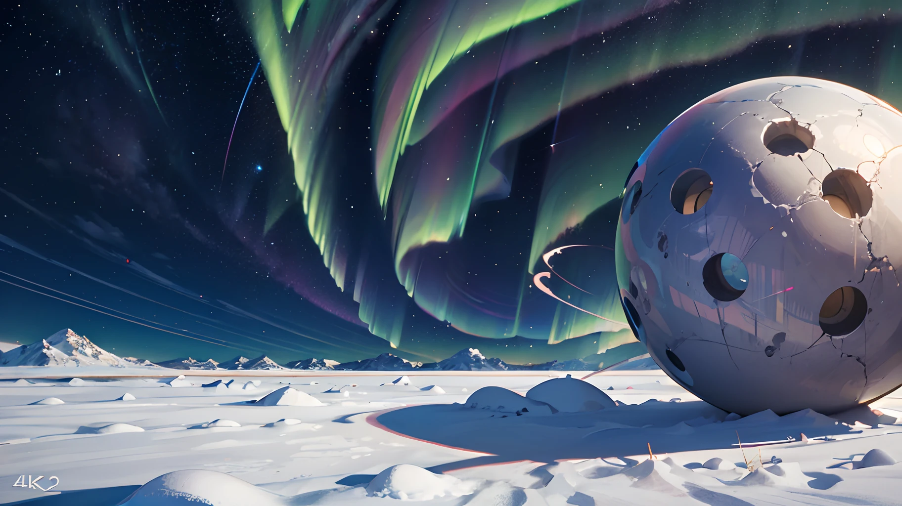 A close up of a sphere in the snow with aurora lights in the background -  SeaArt AI