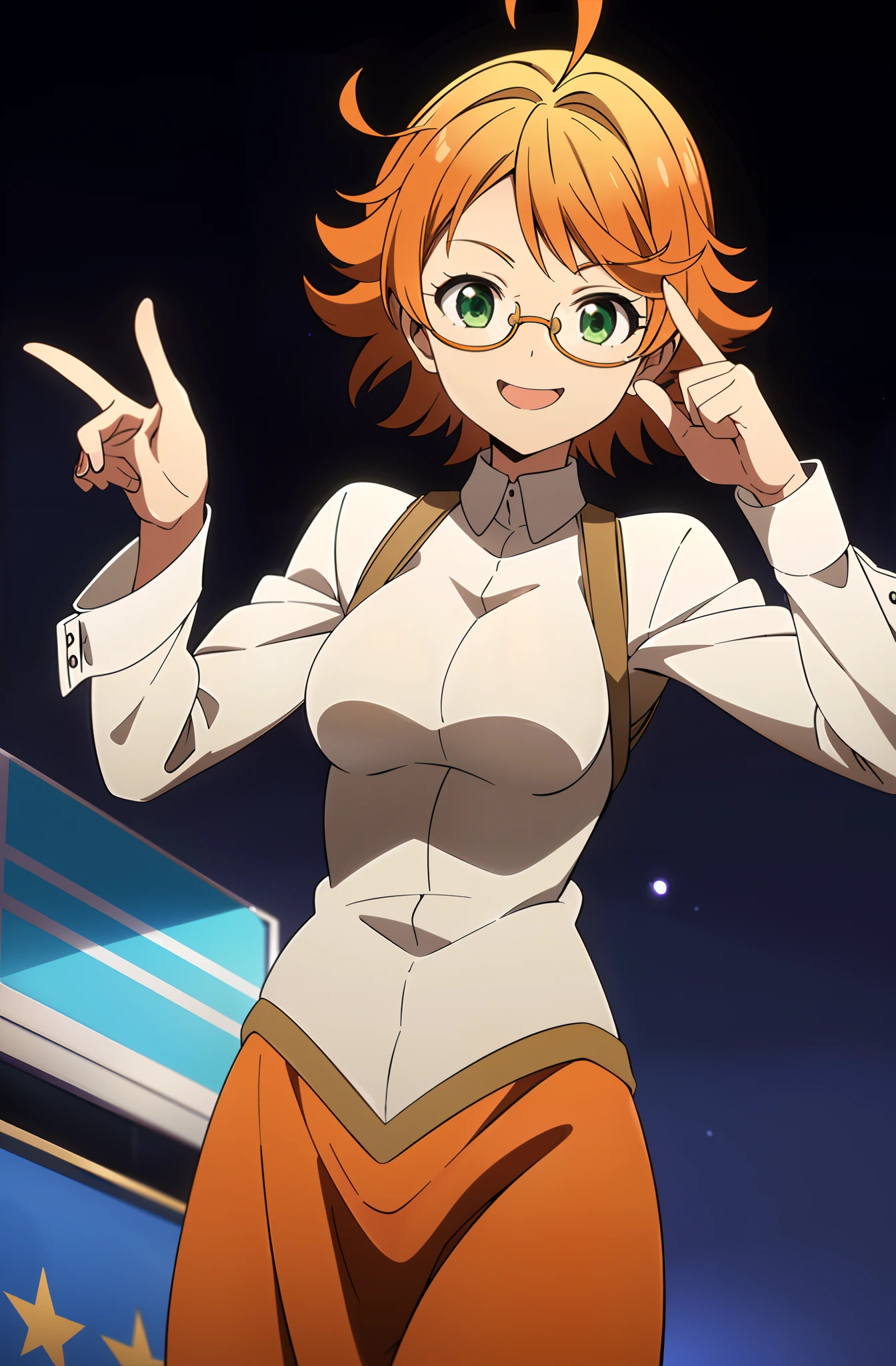 (1girl, solo), EmmaNeverland, orange hair, (green eyes:1.2), short hair, ahoge, magical girl, skirt, smile, action pose, ornate clothes, dress train, magic hair ornament, cowboy shot, tiara, orange clothes, BREAK magic background, starry background,  (masterpiece:1.2, best quality), glasses, ((rim-less eyewear)), Kyoto , short hair, (((mature female))), tall, beautiful, sexy, medium breast, milf