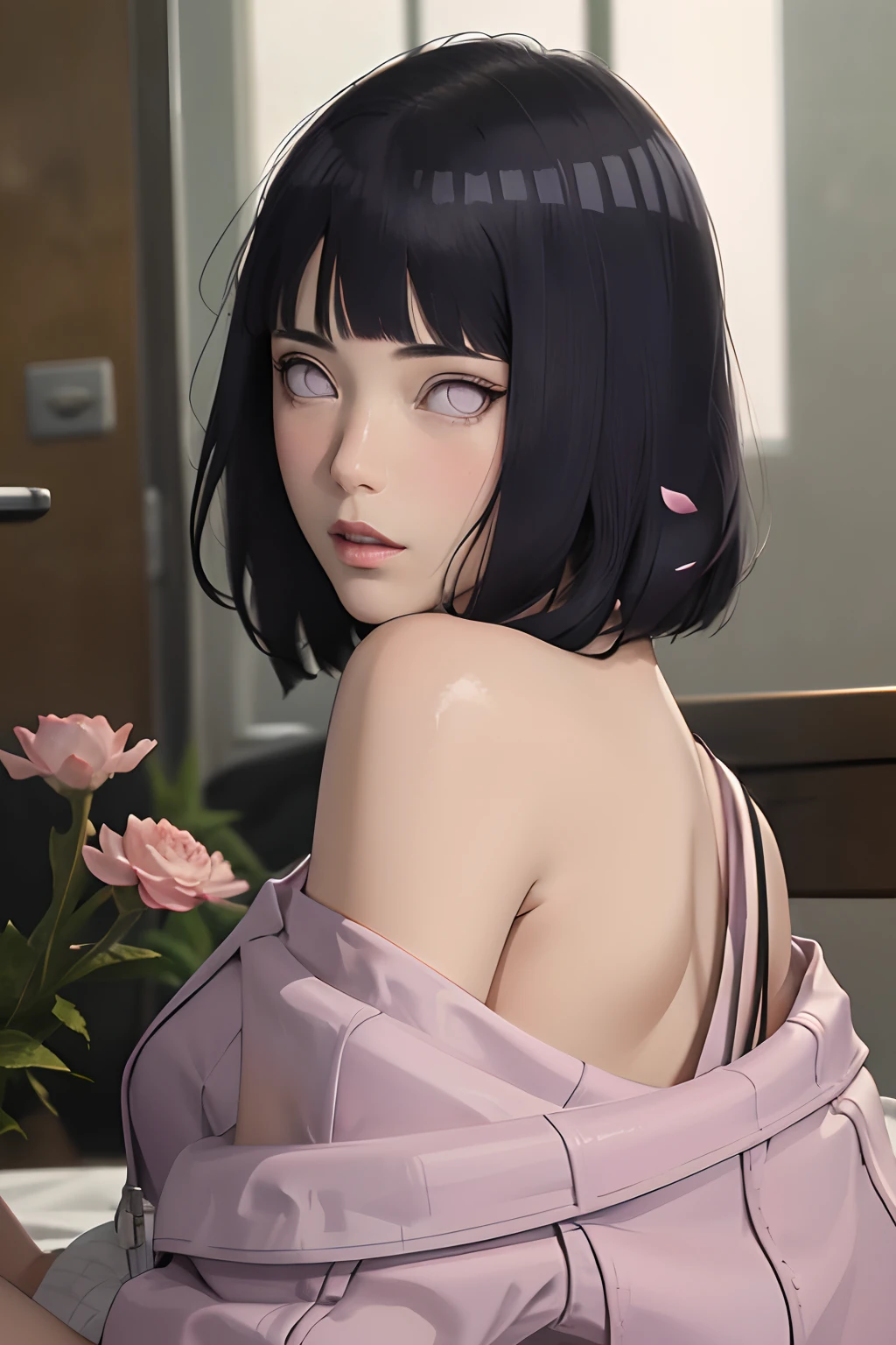masterpiece, absurdres, hinata\(boruto\), 1girl, solo,mature female,knit off shoulder, looking at viewer, (falling petals), perfect composition, detailed lips, beautiful face, body propotion, blush, (pink lips), long hair,  purple eyes,  soft gaze,  super realistic, detailed, photoshoot, realistic face and body, back view