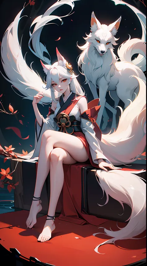 Drawing of a fox with white hair sitting on a branch, ethereal fox, nine-tailed fox, fox three-tailed fox, onmyoji detailed art,...