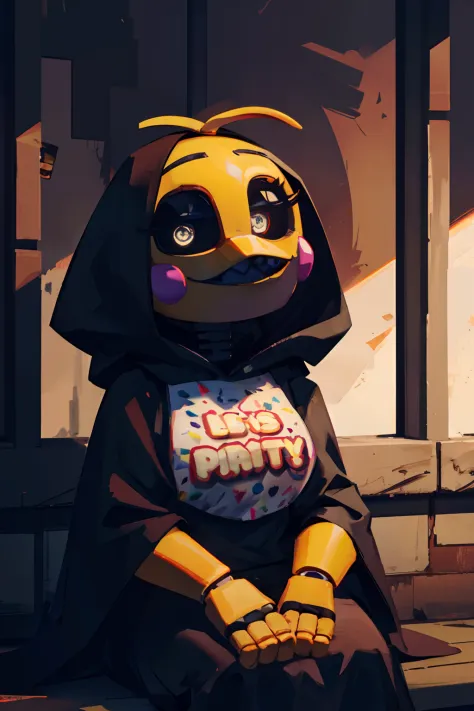 chica from five nights at freddy's wearing a long black cloak, hood covering her head, sitting on a building in a mysterious and...