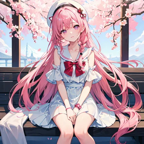 ｛1girll，独奏｝long cherry blossom pink hair，floating long hair，single braid，tie-up hair on one side，red bandage，staggered bangs，whi...