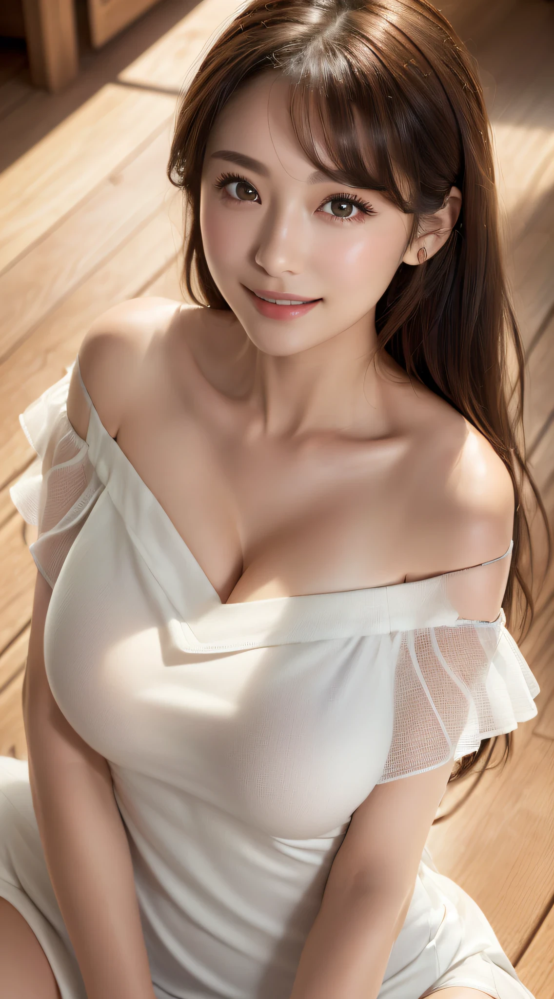 (8K, Eine hohe Auflösung, beste Qualität, Tischplatte:1.2)、RAW-Porträt eines japanischen Mädchens、Eine hohe Auflösung、Top Qualität、 (mit riesigen Brüsten,:1.5)、｛Schlanker Körper:1.2｝｛Ich trage keine Unterwäsche:1.7｝、(Trägt ein weißes ärmelloses schulterfreies Kleid:1.8)、(Hände zu den Hüften:1.5)、(Die Stadt verschwimmen lassen:1.2)、(Die Kleidung ist durchsichtig:1.7)、 BRECHEN (natürliche Hautstruktur、detaillierte Haut、Hyperrealismus、Ultra-Schärfe)、komplizierte Details、Tiefenschärfe、Sexy erwachsene Frau、Langes, glattes schwarzes Haar、Straffer Po、((Meisterwerk、Top Qualität、hohe Detailgenauigkeit))、(Photorealsitic:1.4)、Solo、Lächeln Sie glücklich、großes Auge、Markante Doppellider、Wimpern、Absolute Fläche、Sauberes Schlüsselbein、Gesicht perfekt、dünne Lippen、ein kleines Gesicht、Zitzen、(den Betrachter anstarren、Glanzlichter in den Augen、Hellbraune Augen、lipgloss)、(Von oben:1.2)