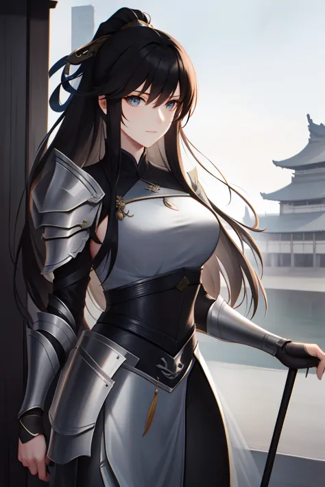 {high quality}, masterpiece, HD, grayscale, a knight warrior lady, ancient china, long hair, linen and leather armor, outdoors, ...