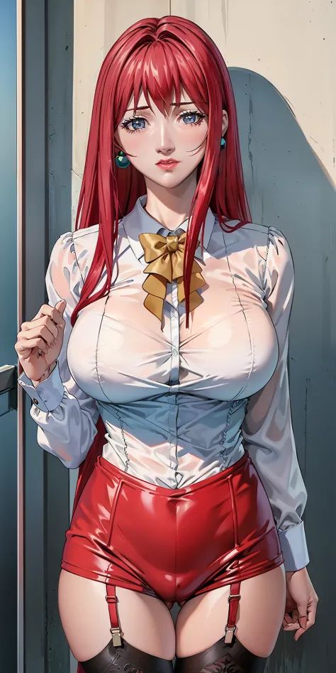 (masterpiece, top quality, highest quality, official art, beautiful and aesthetic: 1.2), (one girl), very detailed, colorful, highest detail,
, teacher, red-haired, long-haired, lipstick, makeup, purple-eyed, perfect eyes, earrings, shirt, jacket, black th...