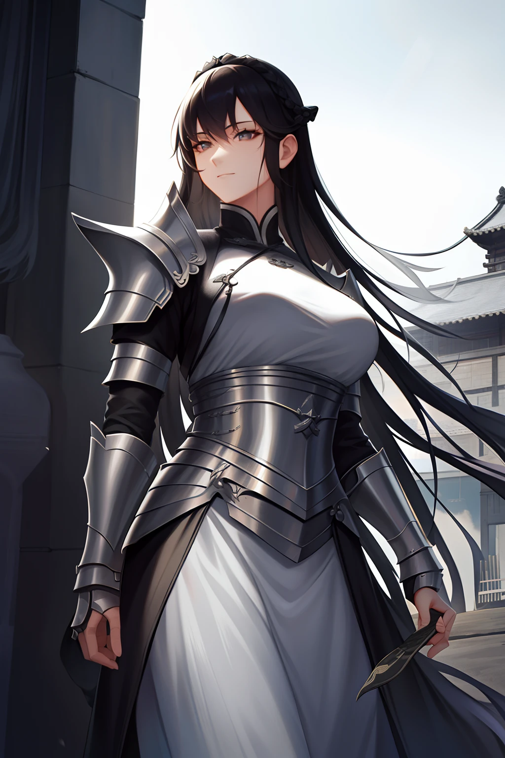 {high quality}, masterpiece, HD, grayscale, a knight warrior lady, ancient china, long hair, linen and leather armor, outdoors, architecture, village