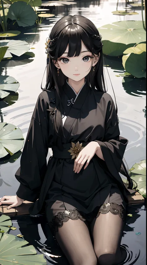 hoang lap，8K high resolution，ultra - detailed，（1girll：1.3），handpainted，Simple lines，16 year old girl in black Chinese dress，beuaty girl，In the lotus pond，tmasterpiece，Sit on a plank floating in the water，Floating hair，black pantyhoses，black pantyhoses，look...