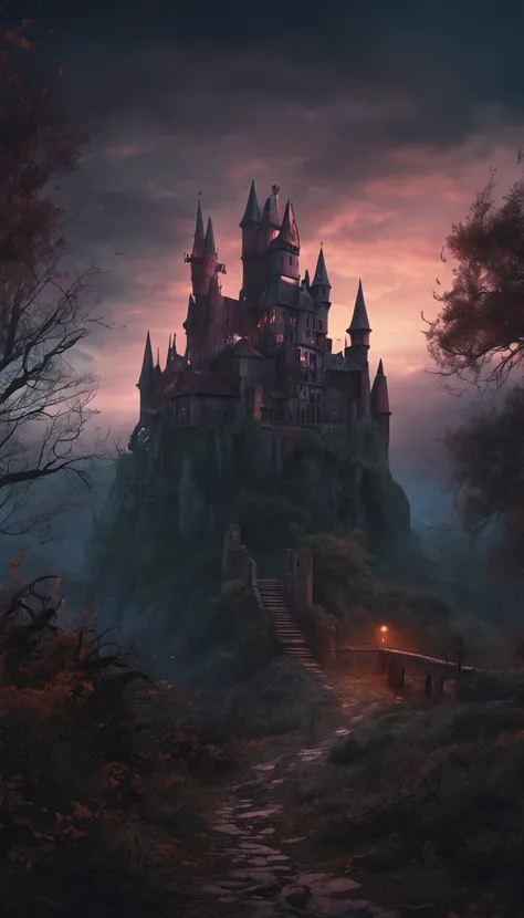 A dark and foreboding fantasy landscape, featuring a haunted and ...