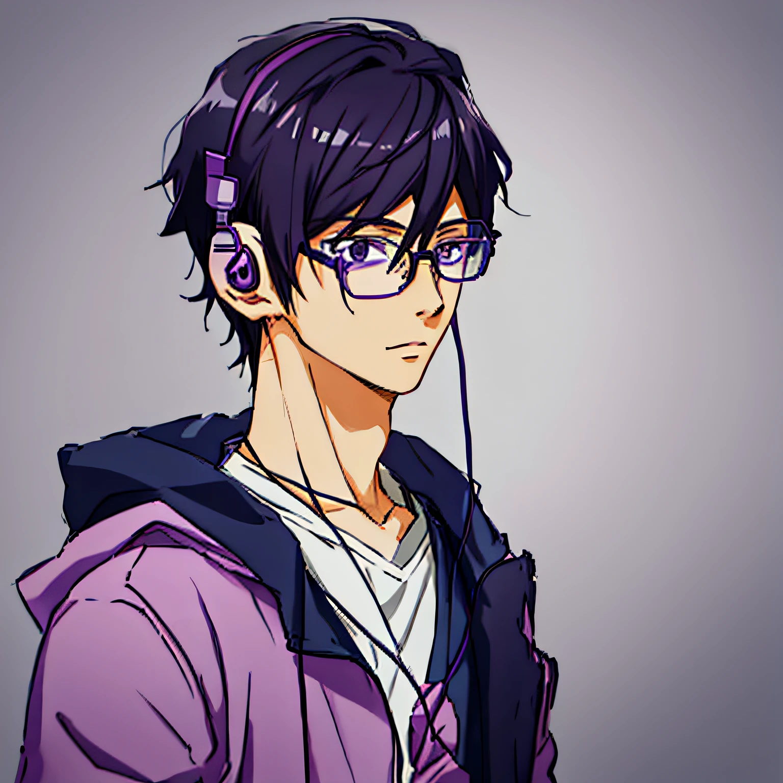 Anime boy wearing headphones and glasses wearing purple jacket, inspired by Okumura Togyu, wearing purple headphones, inspirado em Okumura Masanobu, Anime boy, young anime man, with headphone, 2 d anime style, realistic anime artstyle, Anime handsome man, Male anime style, Anime style portrait, as an anime character, anime moe art style