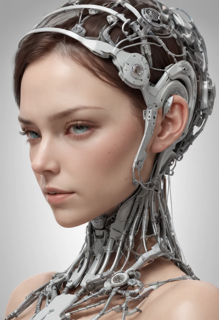complex 3d render ultra detailed of a beautiful porcelain profile woman android face, Cyborg, cyborg robot parts, 150 mm, Beautiful studio soft light, rim-light, vibrant detail, Luxurious cyberpunk, Lace, Hyperrealistic, anatomically, face muscles, Cable Electrical Wire, micro Chip, elegant, Beautiful background, rendering by octane, h. r. Giger style, 8K, Best quality, Masterpiece, illustration, An extremely delicate and beautiful, Extremely detailed ,CG ,Unity ,the wallpaper, (Realistic, photo-realistic:1.37),Amazing, finedetail, Masterpiece,Best quality,offcial art, Extremely detailed CG unifies 8K wallpapers, absurderes, unbelievable Ridiculous, robot, silver halmet, full bodyesbian, Sitting