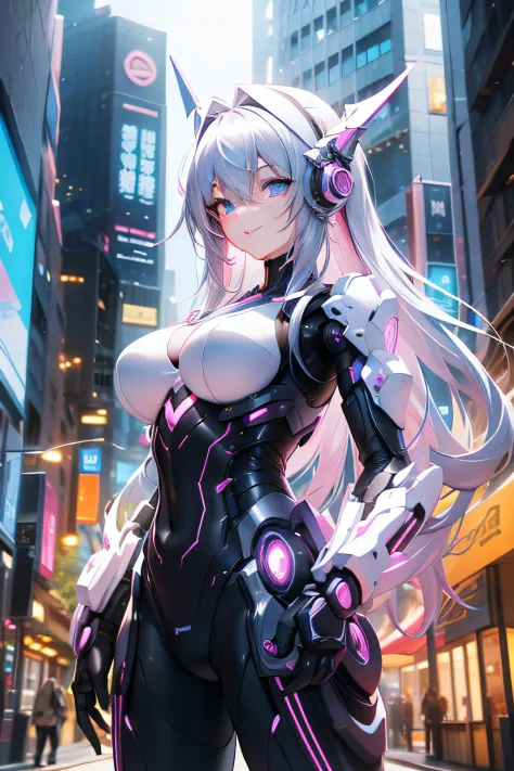 Award winning photo portrait of a cute smiling girl standing outside a cyberpunk neon city street：An award-winning photo of an e...