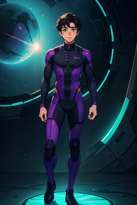 A young man in a purple skintight casual sci-fi suit, wavy short black hair with rosy cheeks and gentle smile, green eyes, stand...