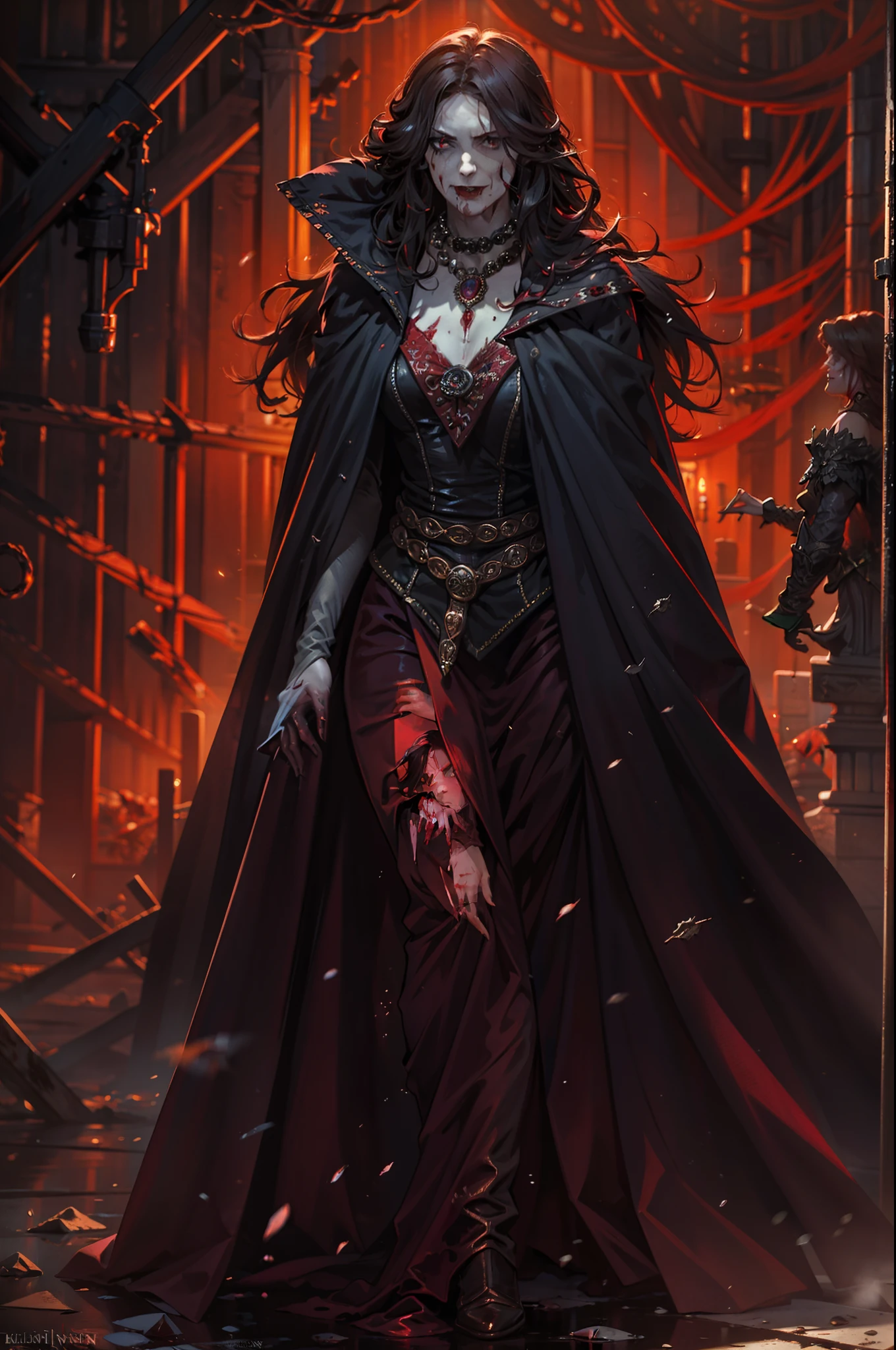 "An elegantly descending scary female vampire with a noble suit, flowing cloak, and a dark atmosphere, surrounded by blood effects."