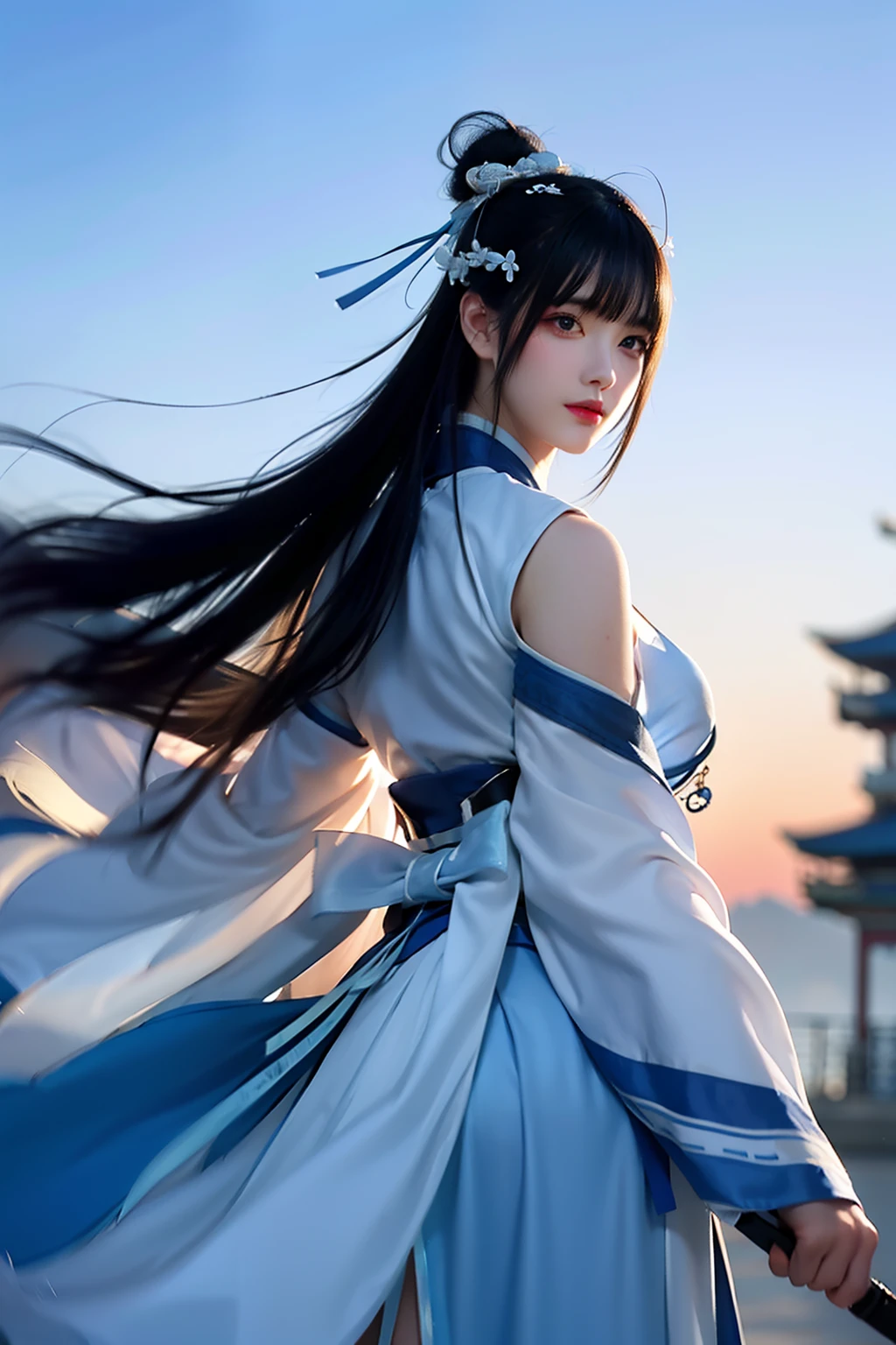 ( ink and watercolor painting), back: A girl, (Blue and white Hanfu), White background, ( Bokeh, Out of focus, Soft lighting, Movie lighting, God Ray, hyper HD)