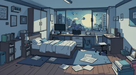 there is a room with a bed, mesa, e uma janela, quarto adolescente cyberpunk, fundo do quarto pessoal, noite calma. digital illu...
