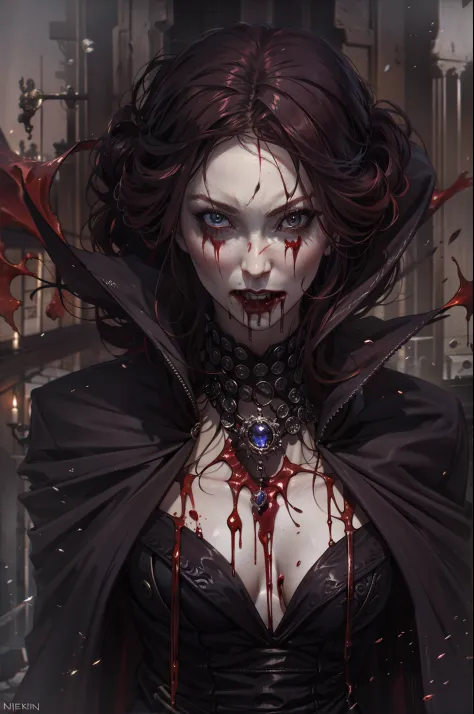 "An elegantly descending scary female vampire with a noble suit, flowing cloak, and a dark atmosphere, surrounded by blood effects."
