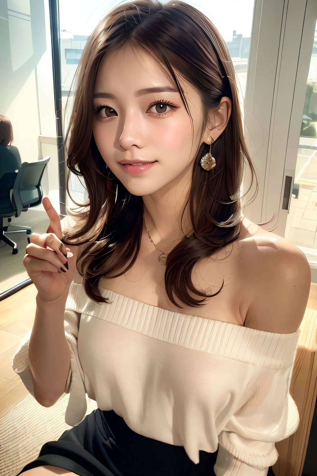 (masterpiece:1.3), high resolution, ultra detailed, extremely detailed CG unity 8k wallpaper, realistic, photo-realistic, RAW photo, beautiful detailed face, pale skin, realistic glistening skin, detailed cloth texture, detailed hair texture, Perfect body, Beautiful Face, accurate, Anatomically correct, Highly detailed face and skin texture, natural neck length, (beautiful hands), (fair skin:1.2), Thin legs, Thin feet, 
BREAK, 
Detailed eyes, symmetric eyes, Light Brown eyes, Double eyelids, Thin eyebrows, (Glossy lips:1.4), ((grin:1.2)), (blush:1.1),
BREAK, 
(A Classy and Cute girl:1.3), (wearing a classy off-shoulder (white) blouse:1.2), (Orange flare skirt:1.2),  
medium large breasts, (slender figure:1.1), firm abs, beautiful clavicle, 
(Dark blonde hair, wavy hair, long hair:1.2), ((asymmetrical bangs:1.2)), 
BREAK, 
Sitting and Break-time, (Pointing away at a Right hand:1.1), 
(in the modern office of Japan), (Upper body shot:1.2), looking at viewer, (from side:0.65),