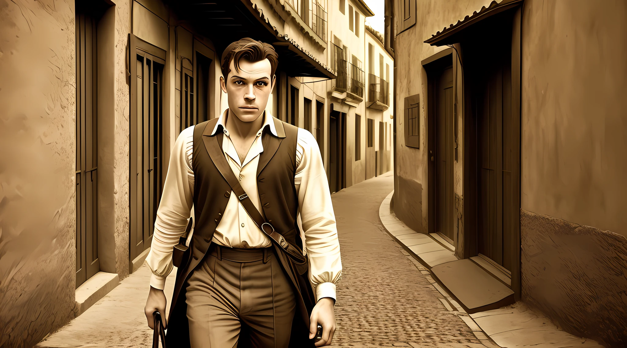 (((1homem))) branco, alto, with period clothes, rico, andando nas ruas de Estocolmo, viela, eighteenth century, side-lighting, Cinematic setting, Sepia, ultra realismo, em perspectiva