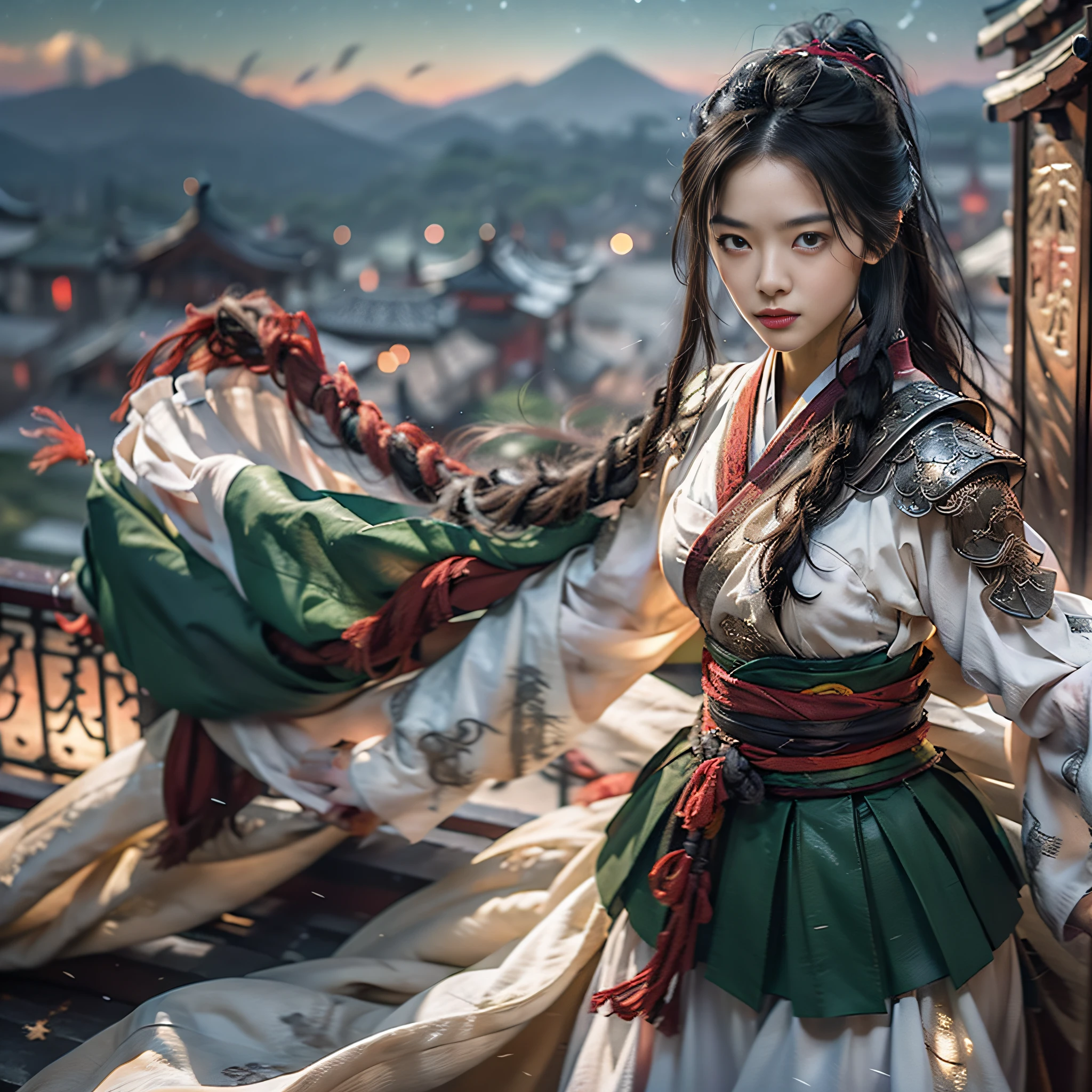 1 girl, (mature girl), slightly chubby, female warrior, Mulan, anime girl, anime role play, realistic role play, willow eyebrows, beautiful appearance, handsome, yellow eyes, smile, brunette hair, yellow eyes, raised eyebrows, short ponytail, (short ponytail), translucent skirt, long skirt, cotton skirt, (dark green skirt), belt, shoulder armor, cape, standing, black hair, long eyelashes, solid round eyes, red ears, fragrant, background blur, starry sky background, standing on the city wall, chinese city wall, mountain range, epic, surrealism, falling shadows, super detail, accurate, stereogram, atmospheric perspective, 8k, best quality