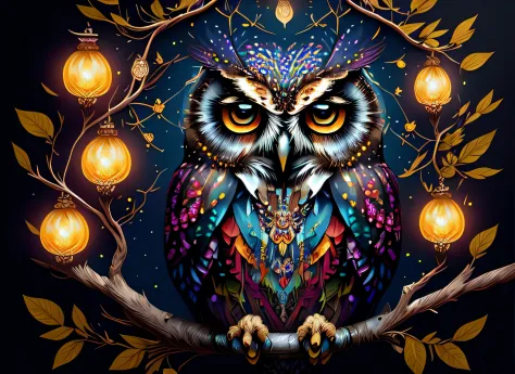 style-paintmagic vector art of an owl perched on a branch, fantastical, highres, sharp focus, absurdres, after hours, dark, dark...