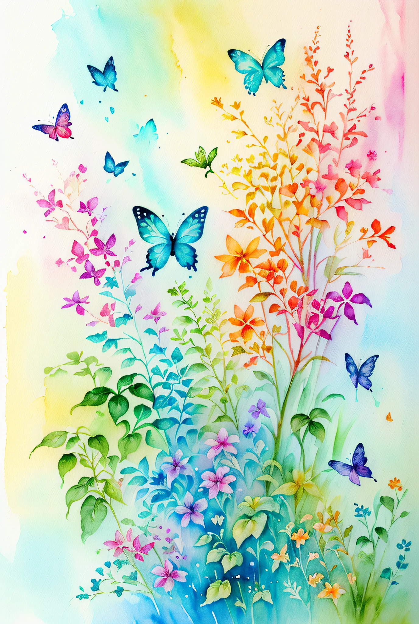 (水彩，一幅画，植物飞来飞去，蝴蝶的和谐，艺术品，一幅美丽的艺术插图，美丽的数码插图，美丽而华丽，美丽的数字绘画，按照角色的风格，绘画风格，蝴蝶，新鲜艺术，精美的数码插画，蝴蝶和阳光、水彩画)