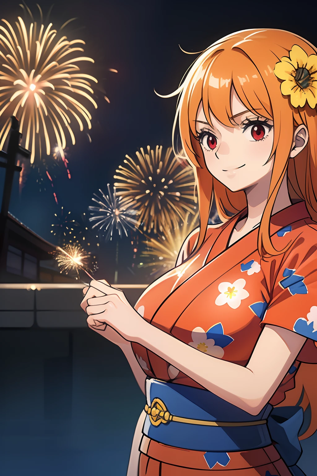 ((masutepiece, High quality)), (Ultra-detailed), Illustration, (Detailed light), ((nostalgic)), (Backlighting:1.2), ((low angles)), Dutch Angle, ((Solo:1.2)), (kawaii, Cute), (Wearing a red base flower pattern yukata), arms behind back (orange, and black silhouette scene:1.2), (Lots of huge fireworks:1.5), (She doesn't have items in her hands:1.5) (Glowing orange hair),((White skin:1.1)), ((Long hair)), Straight hair, Red Eyes, lightsmile