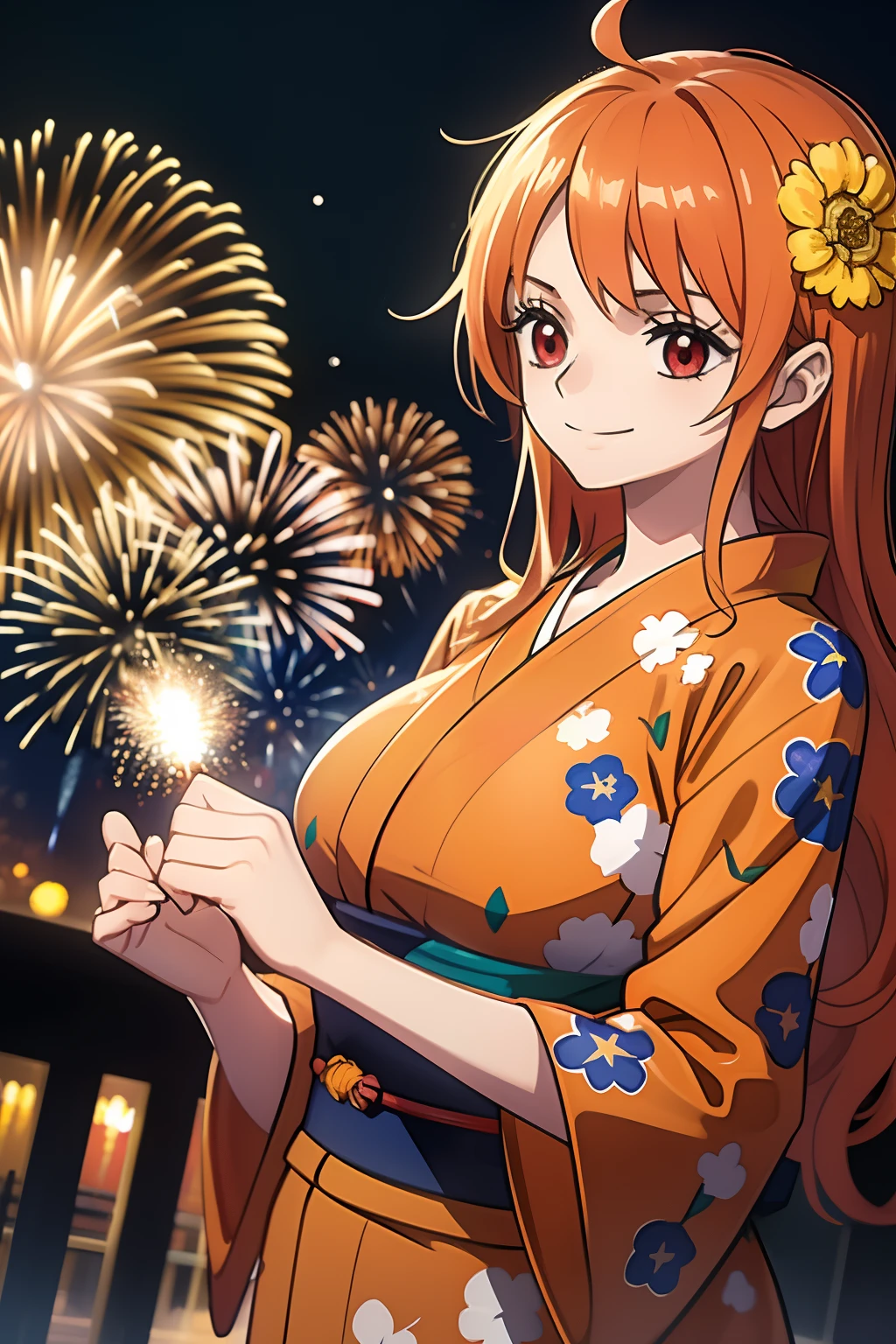 ((masutepiece, High quality)), (Ultra-detailed), Illustration, (Detailed light), ((nostalgic)), (Backlighting:1.2), ((low angles)), Dutch Angle, ((Solo:1.2)), (kawaii, Cute), (Wearing a red base flower pattern yukata), arms behind back (orange, and black silhouette scene:1.2), (Lots of huge fireworks:1.5), (She doesn't have items in her hands:1.5) (Glowing orange hair),((White skin:1.1)), ((Long hair)), Straight hair, Red Eyes, lightsmile