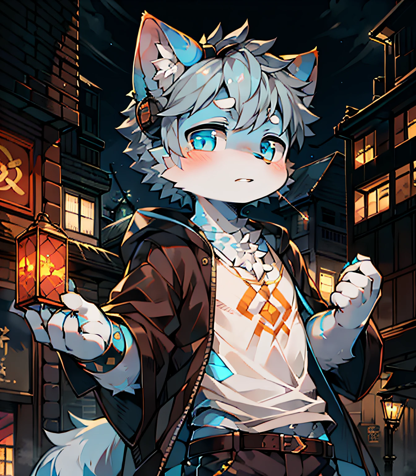 Highest image quality，Delicate painting style，Delicate hook lines，tmasterpiece，Fine fine skin，Delicate hair，Complete painting，A masterpiece，Delicate hands，finely-detailed eyes，Normal eyes，Gray cat ears，furry，blue color eyes，Handsome，Cat style，shota，cyber punk perssonage, Blue pupil, city night scene, Dappled light and shadow, boy，Fire magic，There are bright eyes of God。 Flames in the air, City，Gray fur