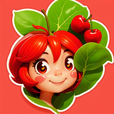 a smiling cherry with cute leaves and a friendly expression sticker :: fruity and lovable :: red and green colors with cute expr...