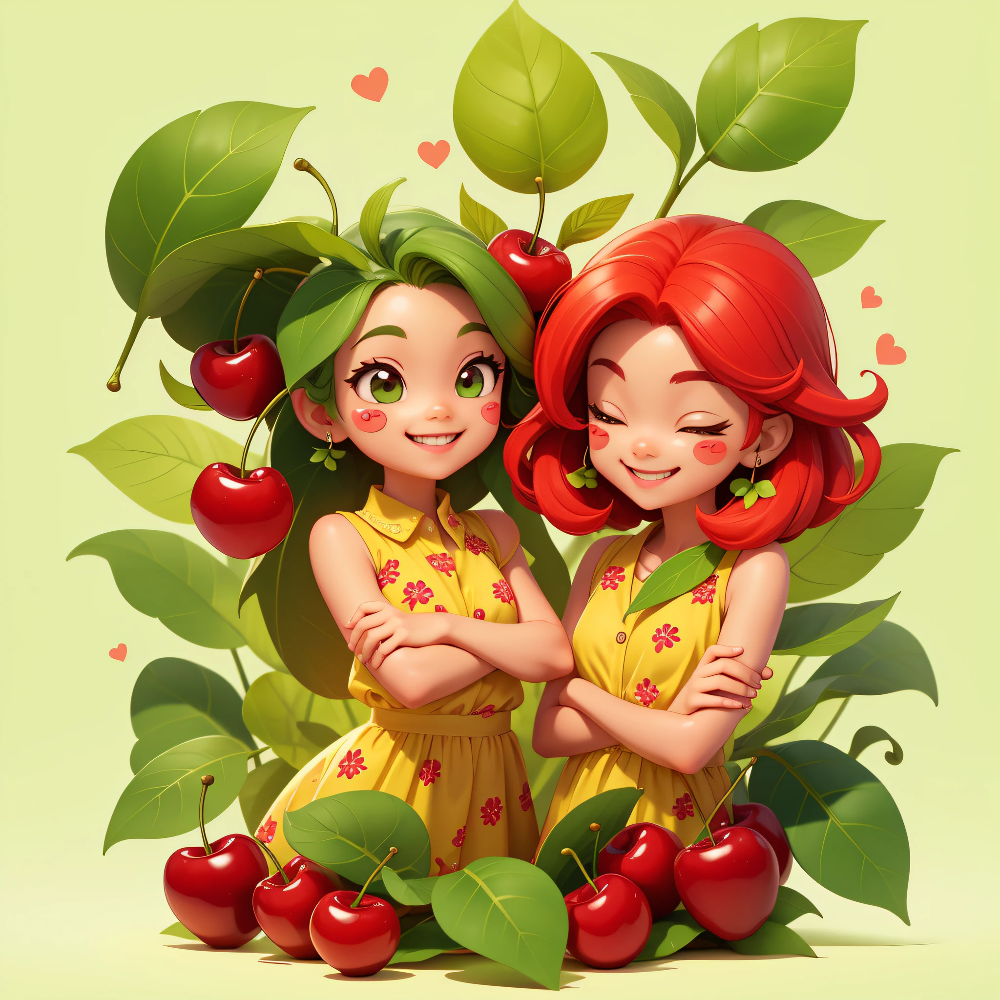 A smiling cherry with cute leaves and a friendly expression sticker :: Fruity and lovable :: Red and green colors with cute expressions :: 2D sticker