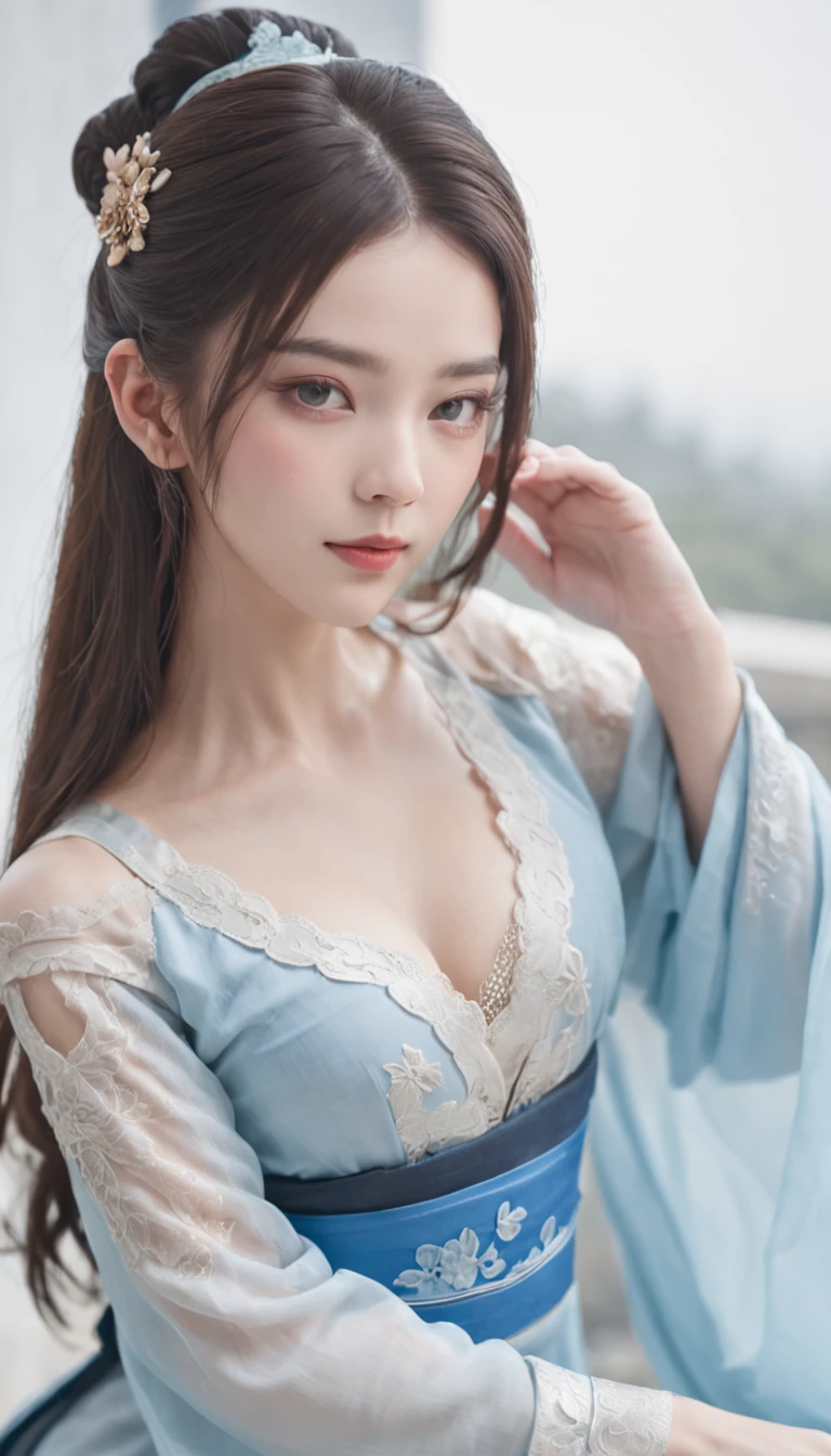 1 beautiful and cute reality show girl, Gentle young girl, Waist length hair, cabelos preto e longos，Slightly blue, Light blue eyes, wearing a long, Thin, a blue dress，Hanfu style, ((a blue dress，White lace border covers the girl's:0.8)), Style Hanfu, Wearing an ancient Chinese silk shirt, Pink and smooth white skin, Dressed in a low-key antique Oday, appears shoulders and head in the photo,Cute little face, Eye bags under wet makeup, Plump red lips, Pout, ((Closed mouth:1.0)), Balance incisors, Embarrassed, Small face makeup explained，Tremendously beautiful, Breasts are super round and firm, Breasts are plump，A plump chest， Blum chest cabinet, ((Cover the girl's chest with a camisole inside:1.2)), Blush, From the front side, Wear earrings, choker necklace, From above, view the viewer, Upturned eyes,  Masterpiece, Top quality, Best quality, offcial art, Unity 8k wallpaper, A high resolution, Ultra-high RES, Ultra-detailed, (Photorealistic:1.2), Alone, Solo, only 1girl, Style Hanfu Dunhuang, 10x pixel, Super realistic, Ultra high quality, Full body view of girl,  Seven-doppelganger shot,