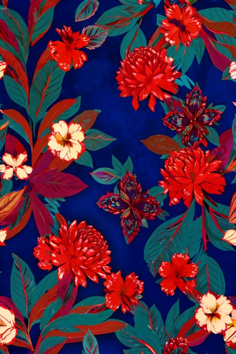 beautiful repeating floral pattern in jewel tones, 3d effect