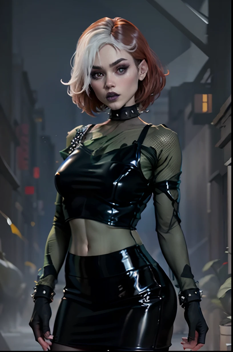 evolutionrogue, short hair, skirt, shirt, gloves, pantyhose, multicolored hair, choker, black gloves, miniskirt, black skirt, collar, two-tone hair, see-through, makeup, lipstick, spikes, pencil skirt, spiked collar, black lips, dyed bangs, studded collar ((masterpiece)) ((Full body))