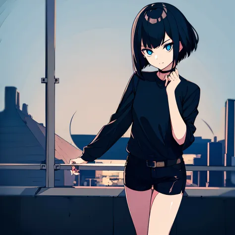 1girl, short black hair, vampire, blue eyes, wearing a plain black shirt, leather shorts, spooky, goth, night, city, absurd res,...