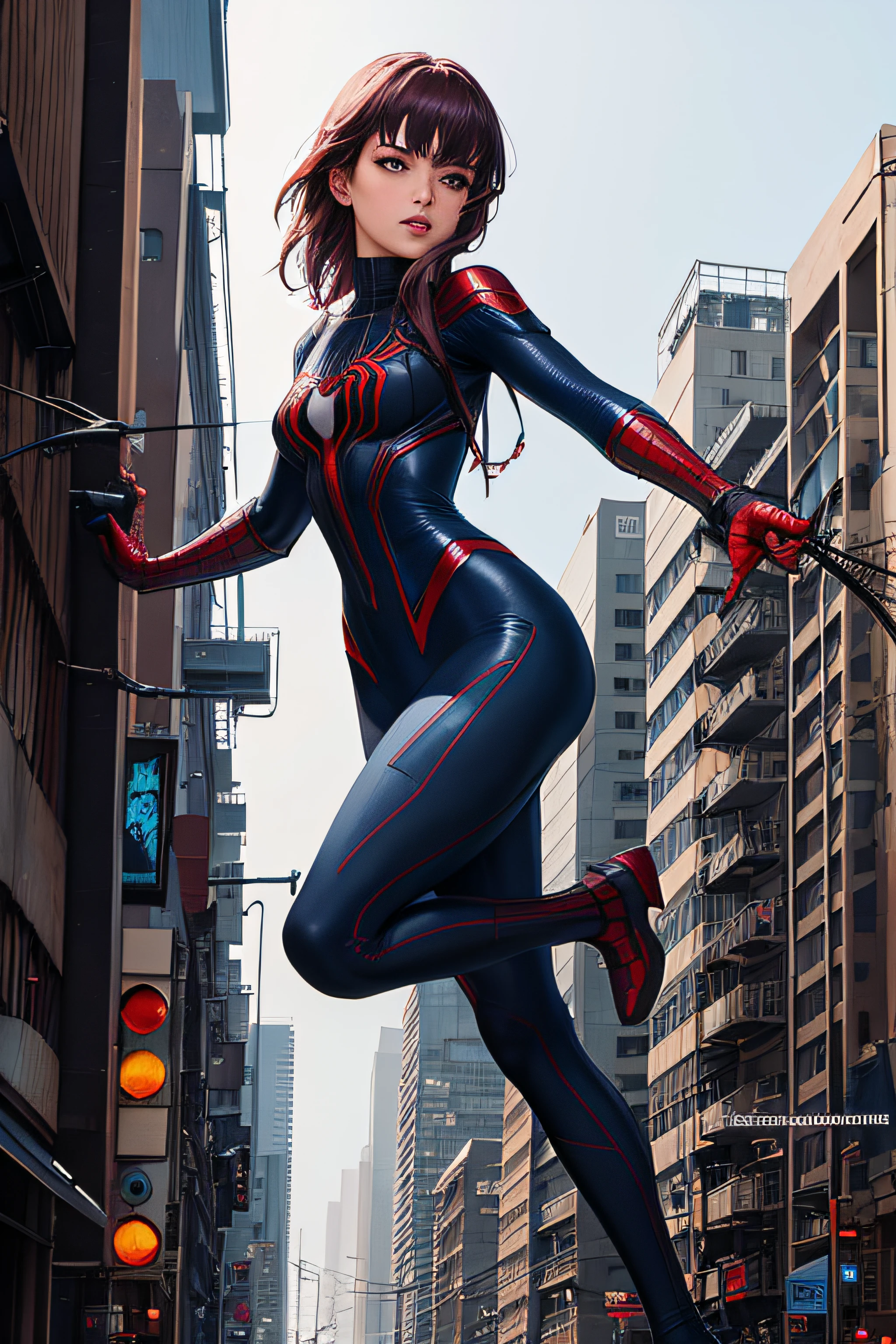 A beautiful 20-year-old girl dressed as Spider-Man, Running in a ...