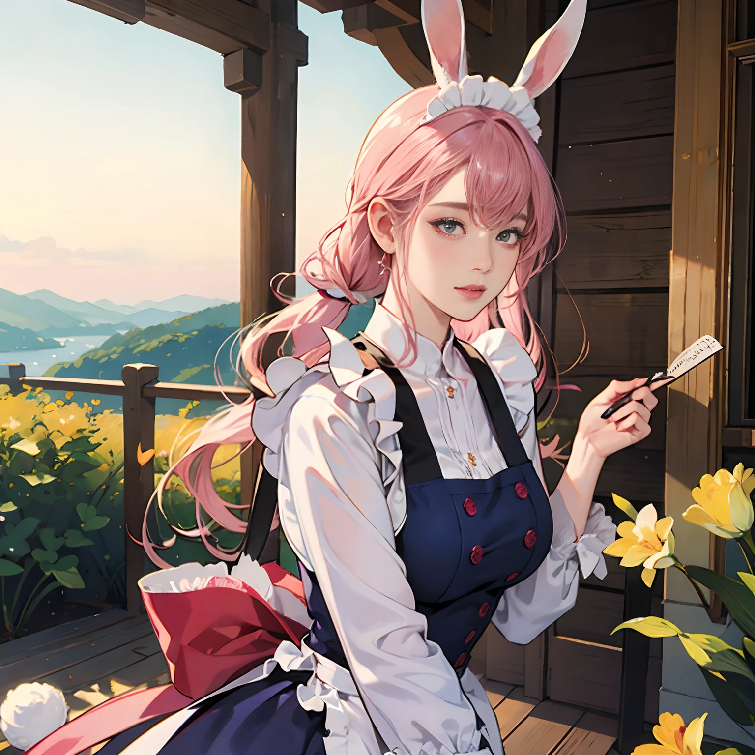 Women in Their 20s, Fantasia、offcial art, unity 8k wall paper, ultra-detailliert, beautifly、Aesthetic, ​masterpiece, top-quality, Photorealsitic、Rabbit eared clan、A pink-haired、Rabbit ears、Horan Drop、Lop Ear、Lop-eared rabbit:2.0、Flabby ears、Rimless glasses、Wrap your hair together、maid clothes、frilld、pinafore、depth of fields, Fantastic atmosphere, Calm palette, tranquil mood, Soft shading、Beautiful Landscapes、bbw、very large breast、plump figure、Carry meals、open terrace