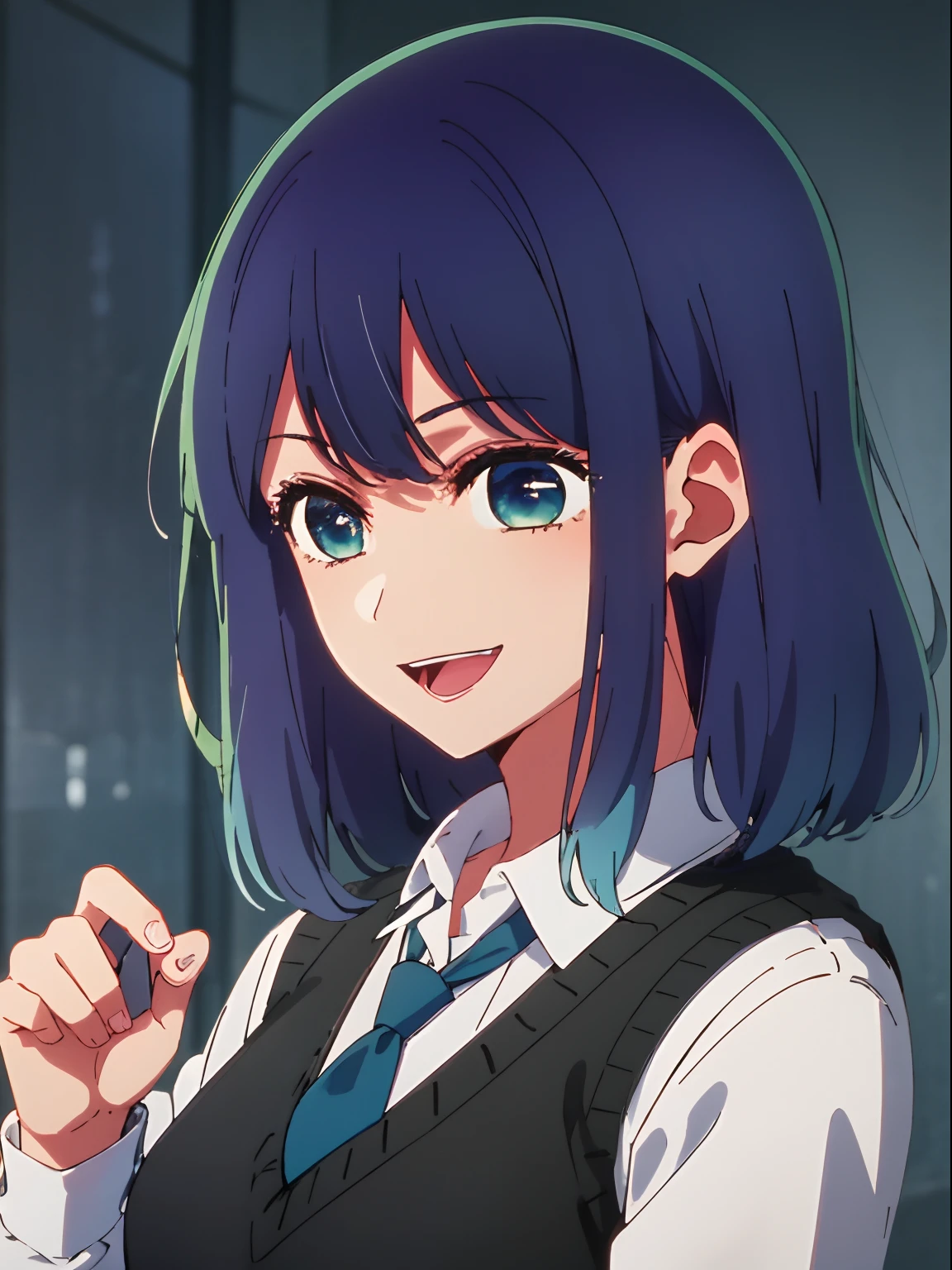 beautiful  lighting, 1girl in, 独奏, Akane, white  shirt, Sweater Vest, Black vest, Blue tie, ((anime styled))、((2D))、A smile、Open your mouth、Facing the front